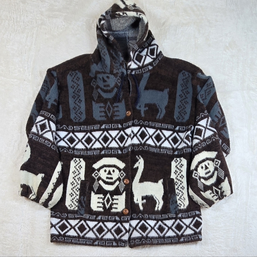 Vintage Tejidos Ruminahui Wool Cardigan Llama Aztec Alpaca Design Mens Sz.L